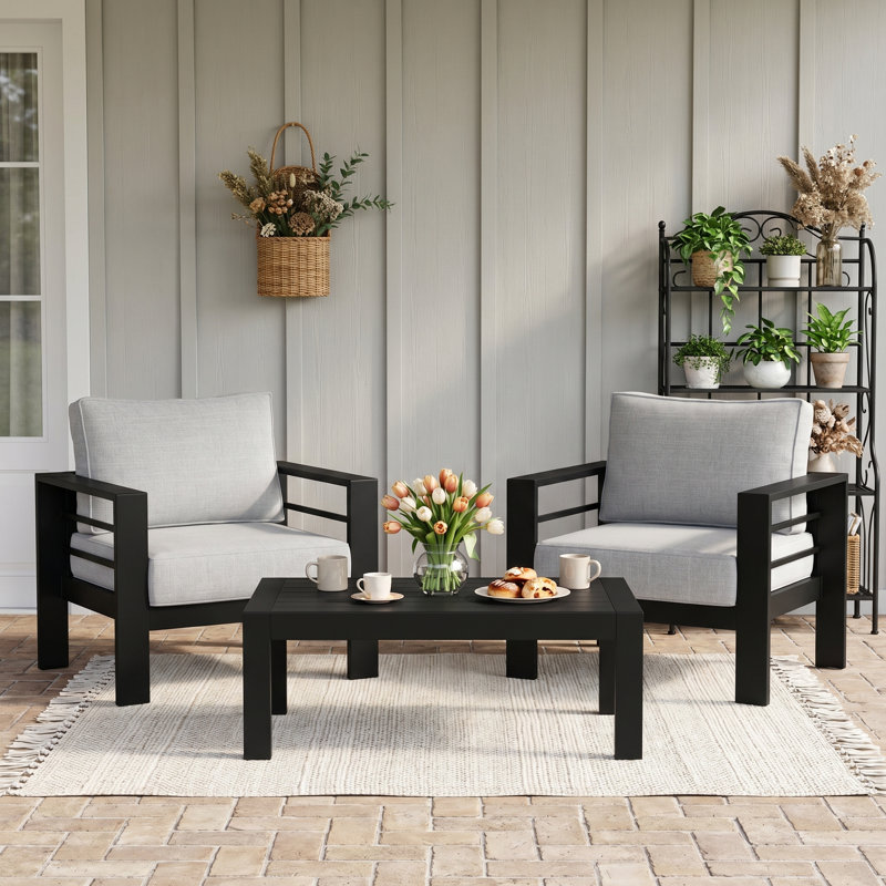 Ensemble de conversation pour l'extérieur en aluminium avec coussins 2 personnes, 3 Pcs: 2 Chairs, Coffee Table, Grey, Black