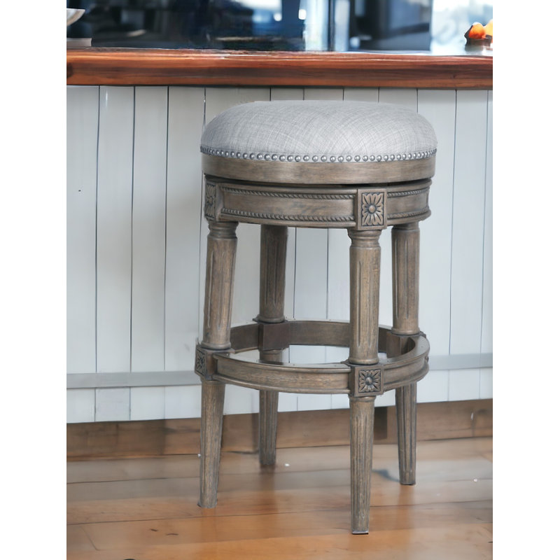 31" Gray Solid Wood Swivel Backless Bar Height Bar Chair