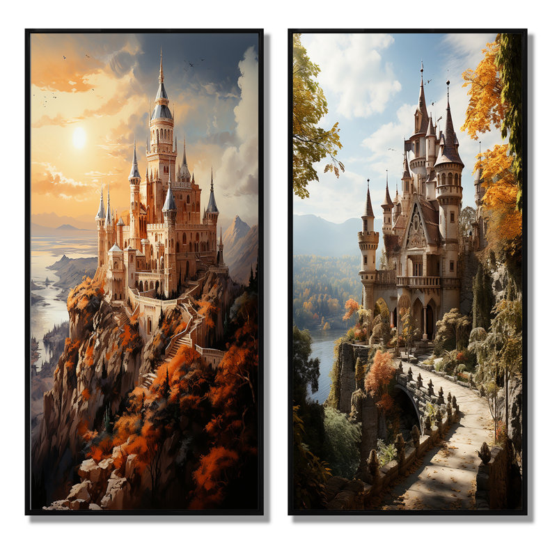 «Castles Fairy Tale Charm» 2 - pièces sur, Cadre noir, H 40 po x l 40 po