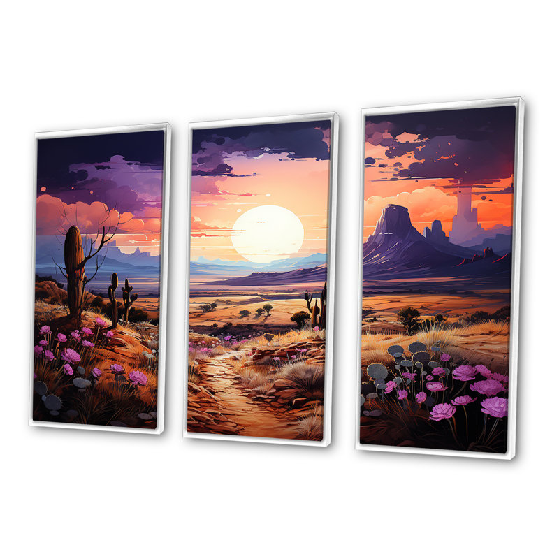 Violet Vista Cactus - ensemble d'art sur toile cactus floral, Cadre flottant blanc, H 32 po x l 48 po x P 1 po