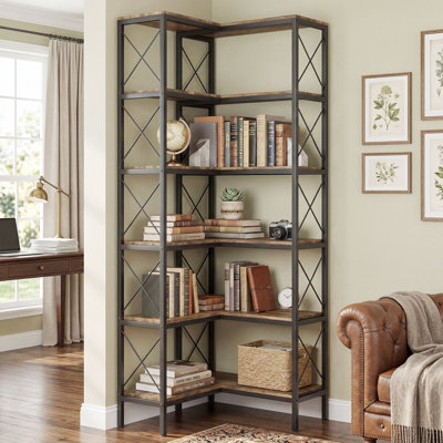 L-Shaped Bookshelf, 5-Tier Corner Bookcase, Freestanding Storage Shelf with Metal Frame for Living Room, Home Study, Rustic Brown