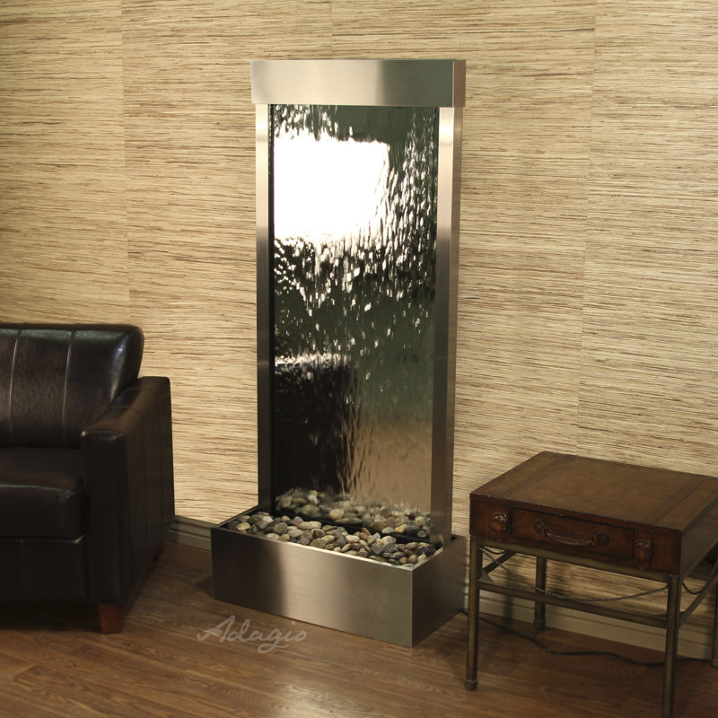 Harmony River Acrylic Waterfall Fountain with Light, Silver Mirror, Stainless Steel
