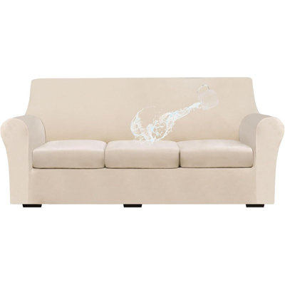 Stretch Sofa Cover Set – Beige – 4-Piece Spandex, Water-Repellent, Fits 3-Cushion Sofa, Soft & Pet-Friendly, Washable Furniture Protector