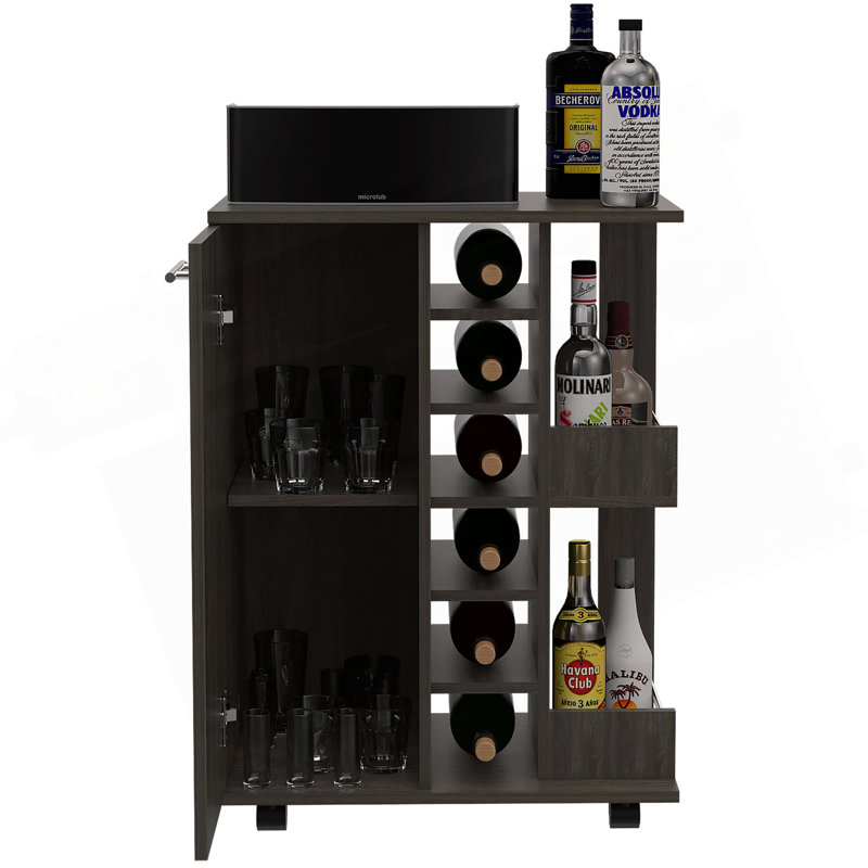 Tennessee Bar Cart, One Cabinet With Division, Six Cubbies For Liquor, Two Shelves, Ebony/Light Brown