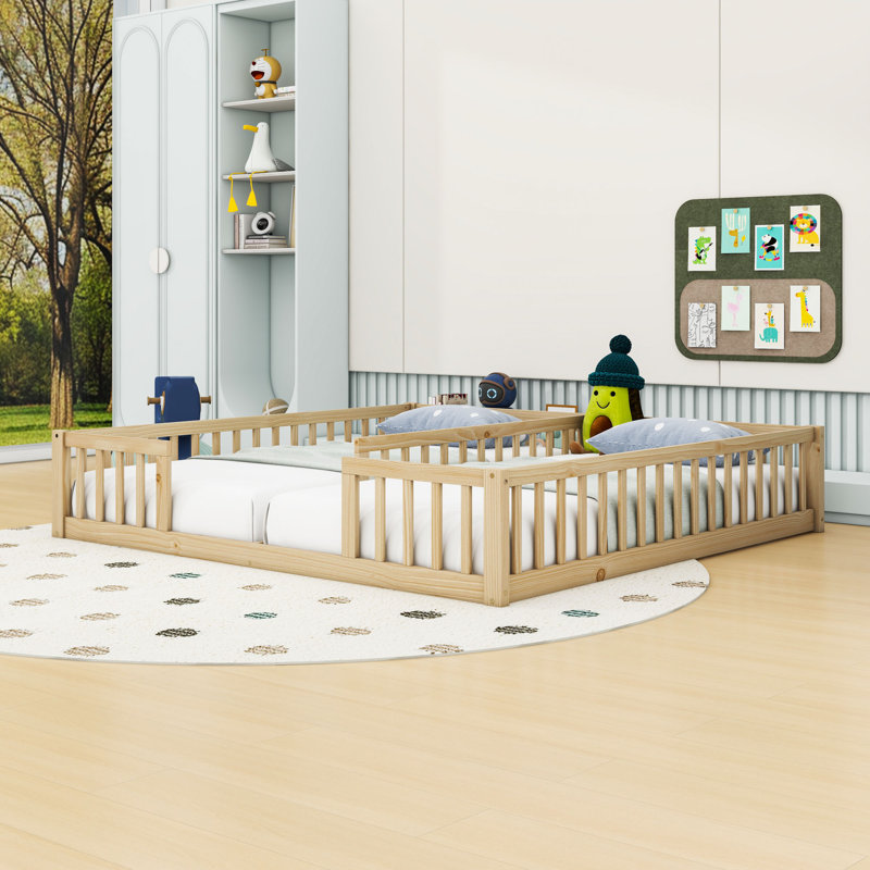 Twin & Twin Wood Double Floor Bed With Guardrails, Natural