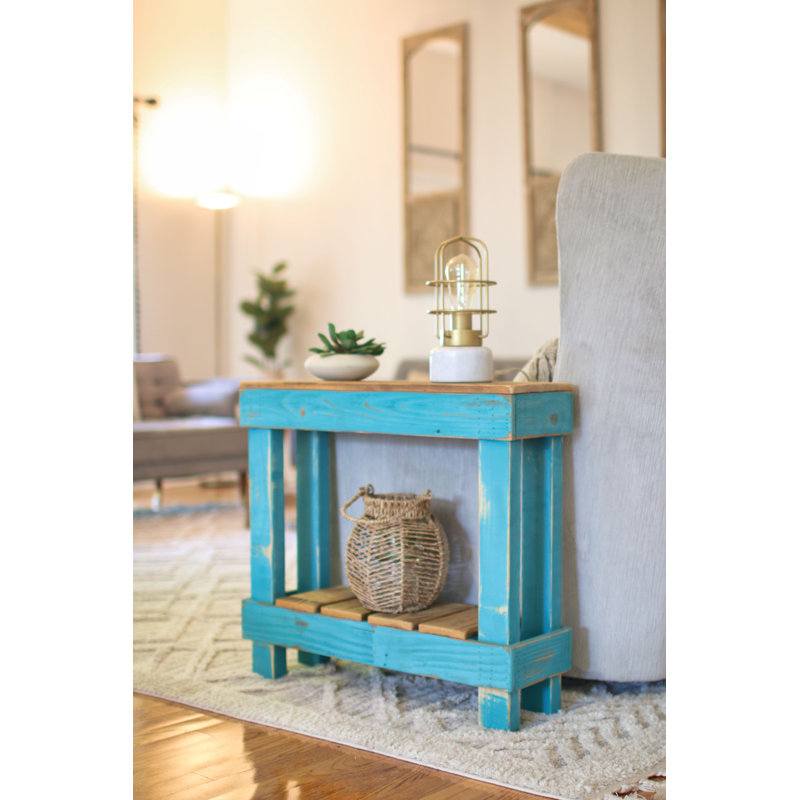 Table d'appoint Cottage - Table d'appoint en bois récupéré avec finition peinte turquoise et dessus en bois naturel