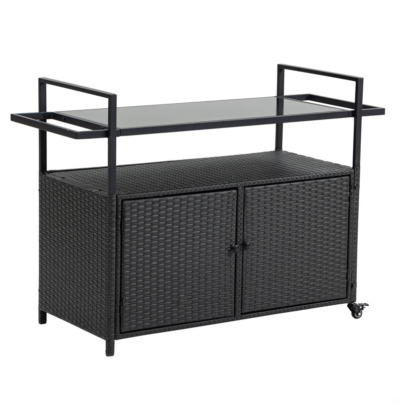 Outdoor Wicker Bar Cart, Patio Wine Serving Cart W/Wheels, Rolling Rattan Beverage Bar Counter Table W/Glass Top, Black