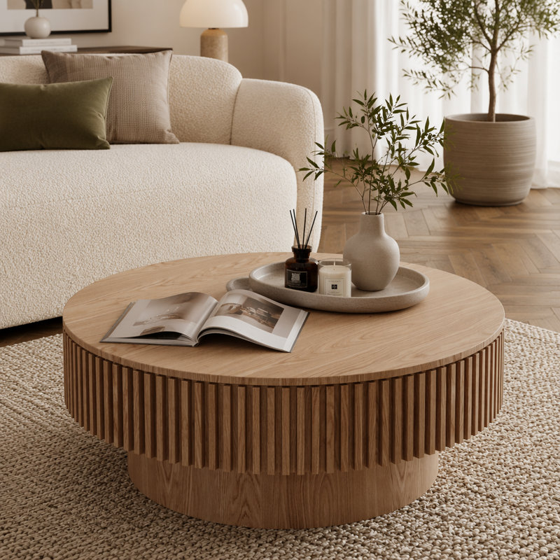 Table basse ronde avec rangement Table basse moderne en placage de bois massif, L 31,5 po, Bois naturel