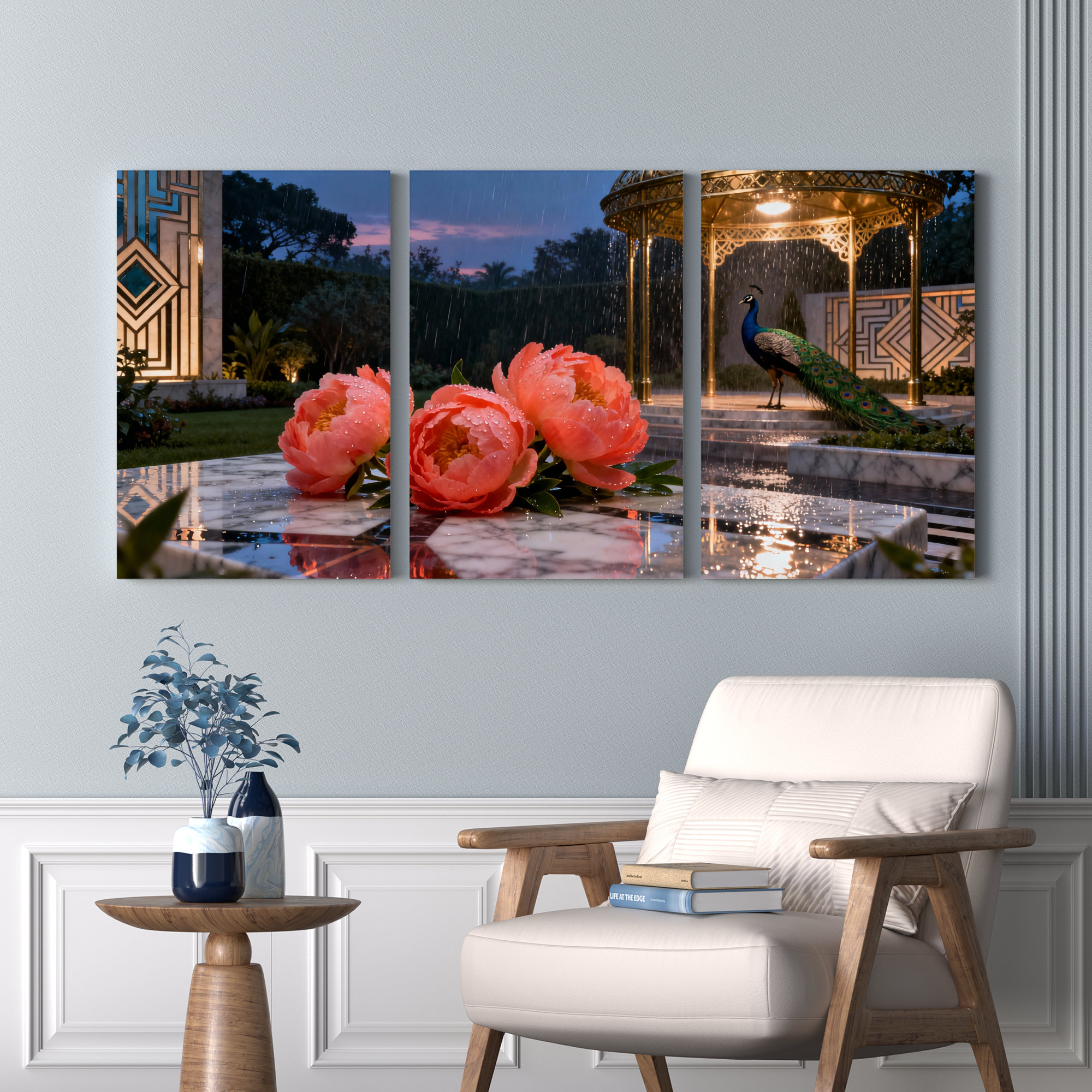 Winston Porter Peacock And Pink Roses In Garden Canvas Wrapped Wall Art ...
