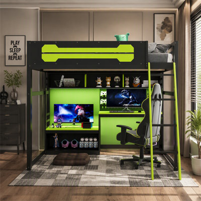 Full Size Wood Loft Bed With Integrated Desk, Shelves, LED Lights, USB Ports And Customizable Pegboard