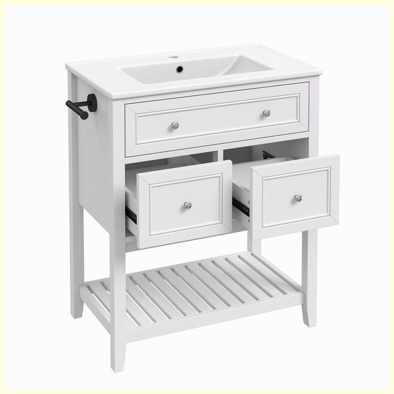 Meuble-lavabo de salle de bain autoportant en panneau de fibres à densité moyenne blanc 30 po avec rangement à fermeture en douceur