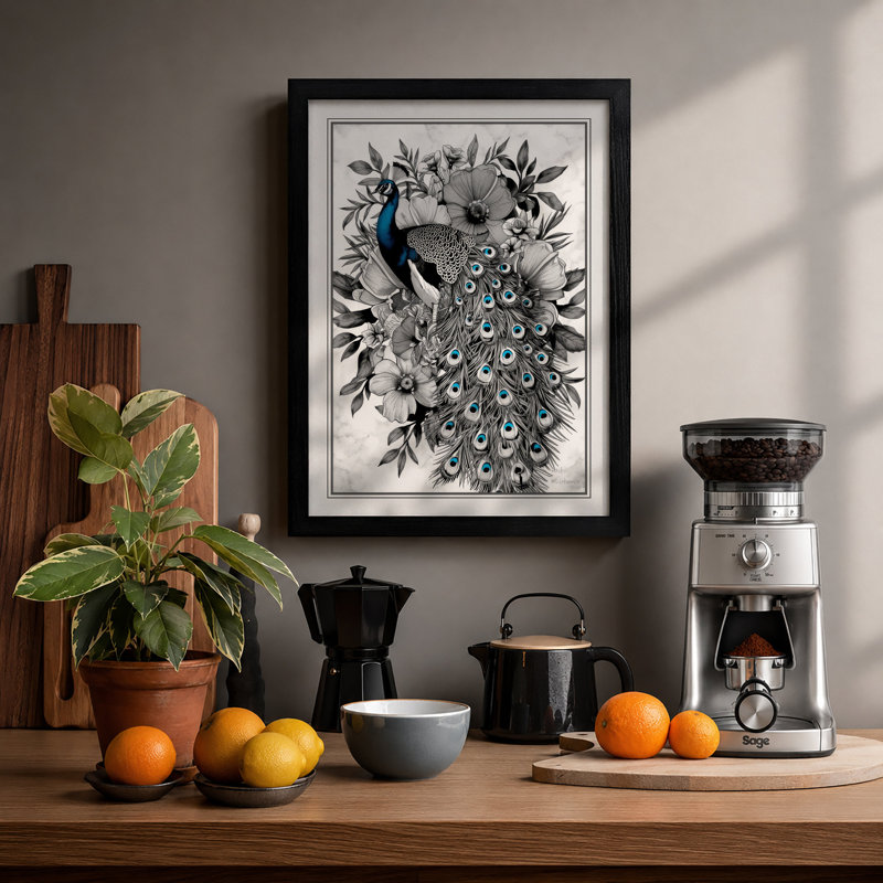 Ornamental Peacock Study Botanical - Framed Print, A2 - 59.4 x 42.0 cm, Black