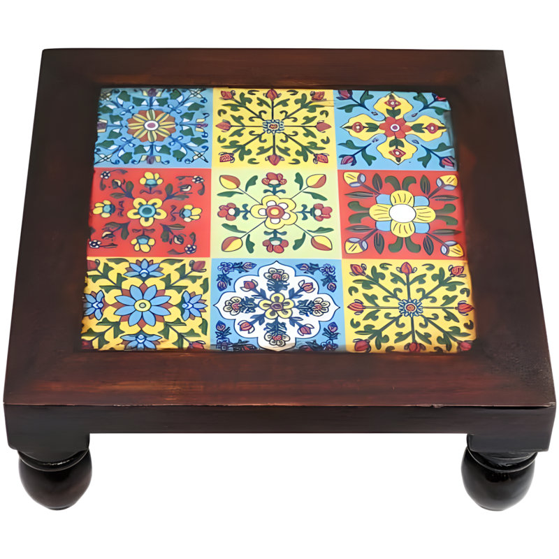 Pooja Chowki fabriqué à la main en bois avec 9 tuiles décoratives pour objets religieux, décor d'autel et sanctuaire