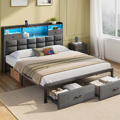 Bed Frame with Drawers and Headboard, Upholstered Storage Bed with Charging Station and LED Lights