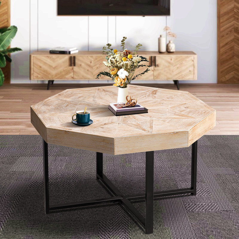 Table basse octogonale en bois avec patchwork de style campagnard 30 pouces, Blanc ancien