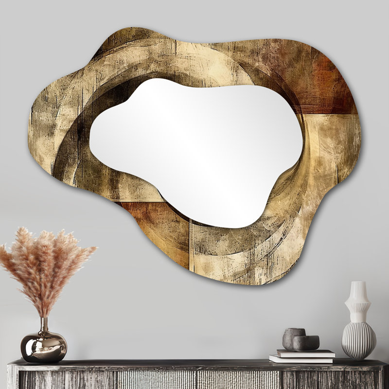 Vintage Retro Cubist Gold Brown II - Abstract Collages Cloud Decorative Wall Mirror, Modern Asymmetrical Mirror, Printed Metal Art
