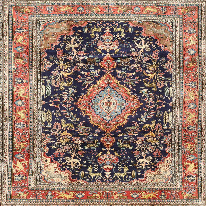 Tapis oriental rouge / noir / bleu, Carré 4 pi
