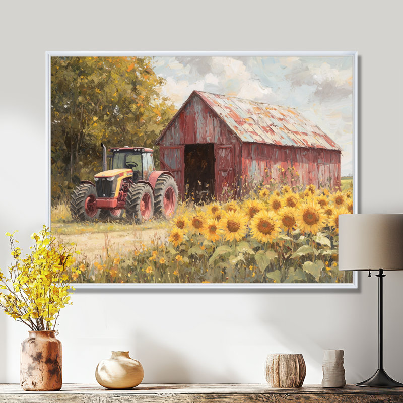 Dobrinka Sunflowers and The Tractor Shed IV - Sunflowers, art mural, H 30 po x l 40 po, Picture Framed, Blanc