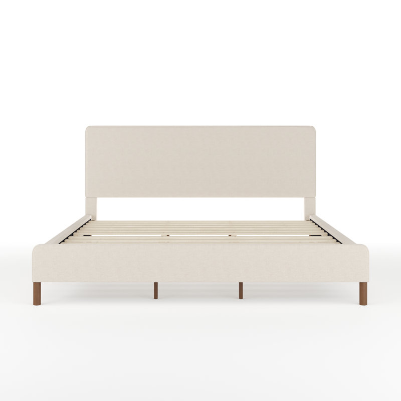 King Beige Linen Upholstered Platform Bed with Walnut Legs