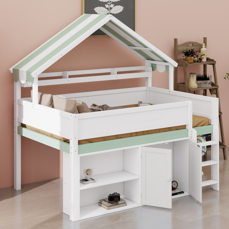 Loft Bed with Canopy Roof  and Storage Cabinet, Perfect for Bedrooms and Playrooms, White and Green