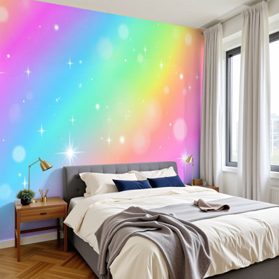 Peel and Stick Wallpaper Wall Mural Colorful Rainbow Gradient Sparkling Glitter Stars Wall Art Self Adhesive and Removable