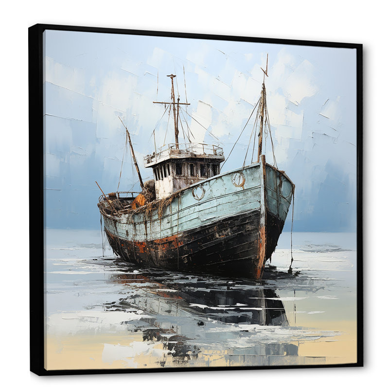 Bateau de pêche bleu et blanc sur toile, H 24 po x l 24 po x P 1 po, Cadre flottant noir