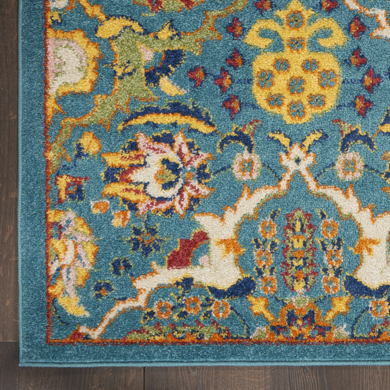 Tapis turquoise / ivoire / jaune Welaka, Tapis de couloir 2 pi 3 po x 7 pi 6 po