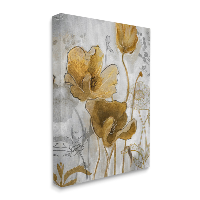 Illustration florale abstraite du coquelicot doré, H 20 po x l 16 po, Toile tendue