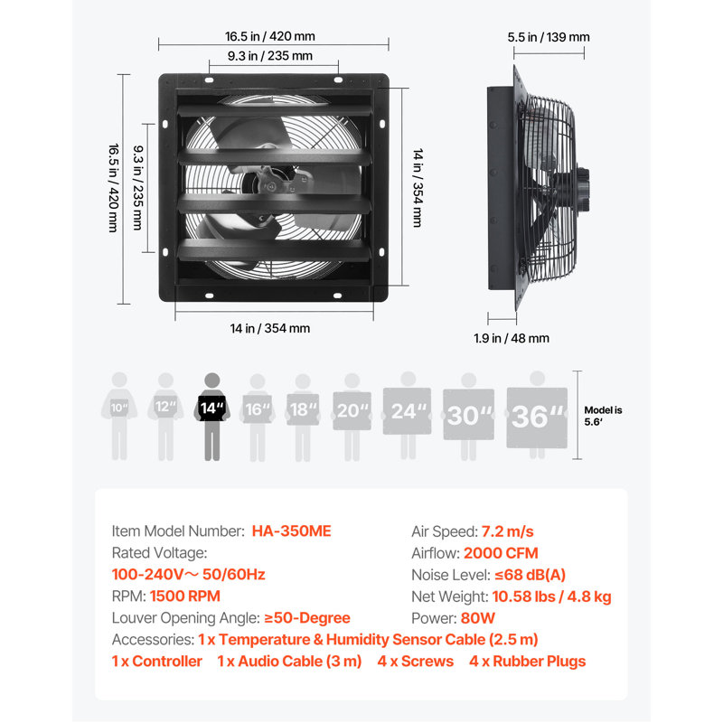 Ventilateur d'extraction avec obturateur mural, H 16,5 po x l 16,5 po x P 7,4 po