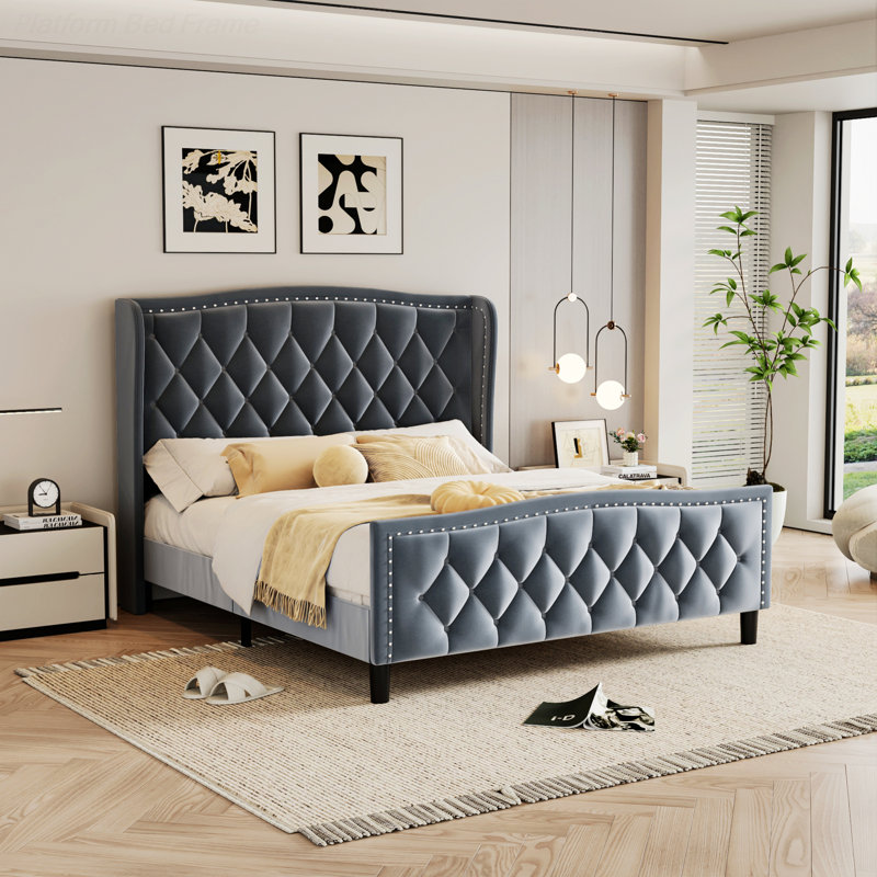 Mirabai Upholstered Metal Wingback Bed, Queen, Light Blue