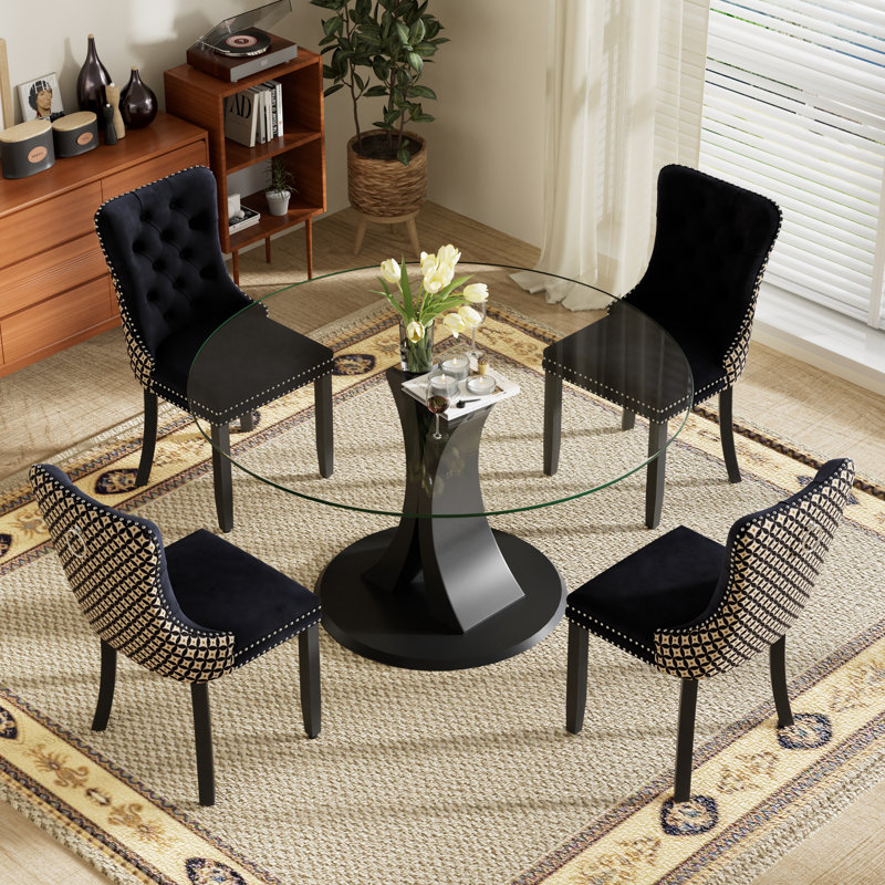 Ensemble de salle à manger 4 pièces, H 29,5 po x l 39,7 po x P 39,7 po, Clair, Noir géométrique