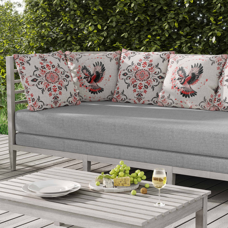 Coussin intérieur / extérieur Blaze Bird, Carré 20 po, Noir / blanc / rose