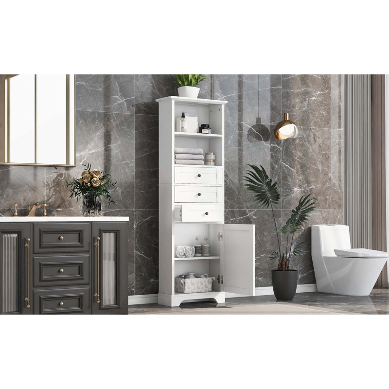 Tall Storage Cabinet With 3 Drawers And Adjustable Shelves, MDF Board With Painted Finish