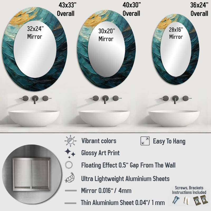 Teal Majestic Motion - Large Oval Wall Mirror On Metal, 36" x 24"