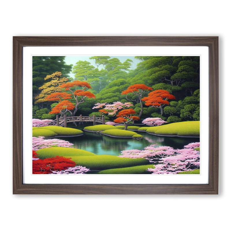 Japanese Garden Pond 1 Piece Single Picture Frame Wall Art, 25cm H x 34cm W x 2cm D, Walnut
