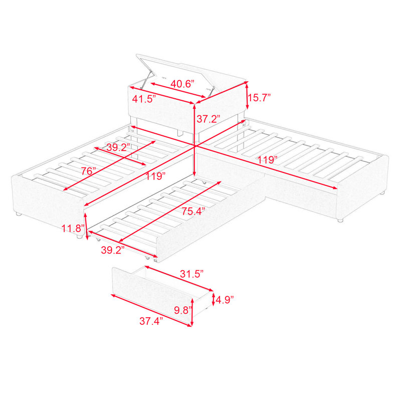 Lampart Twin Size L-Shaped Upholstered Platform Bed with Trundle and Two Drawers