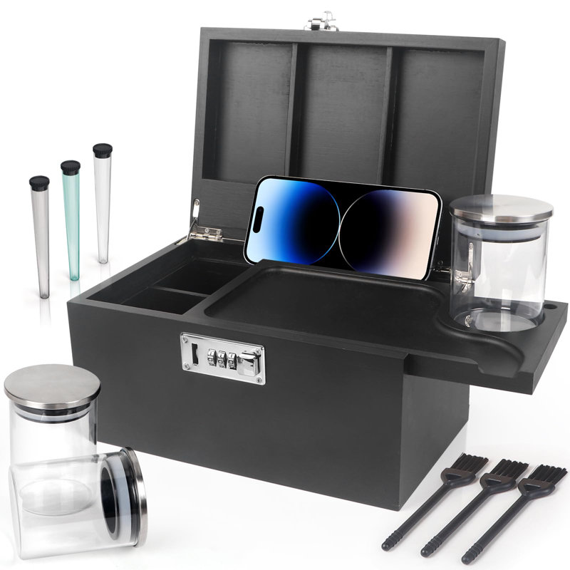 Large Black Bamboo Box With Combination Lock,Smell Proof Box With Detachable Compartment, Wooden Decorative Storage Box With Alright Jars & Brushes