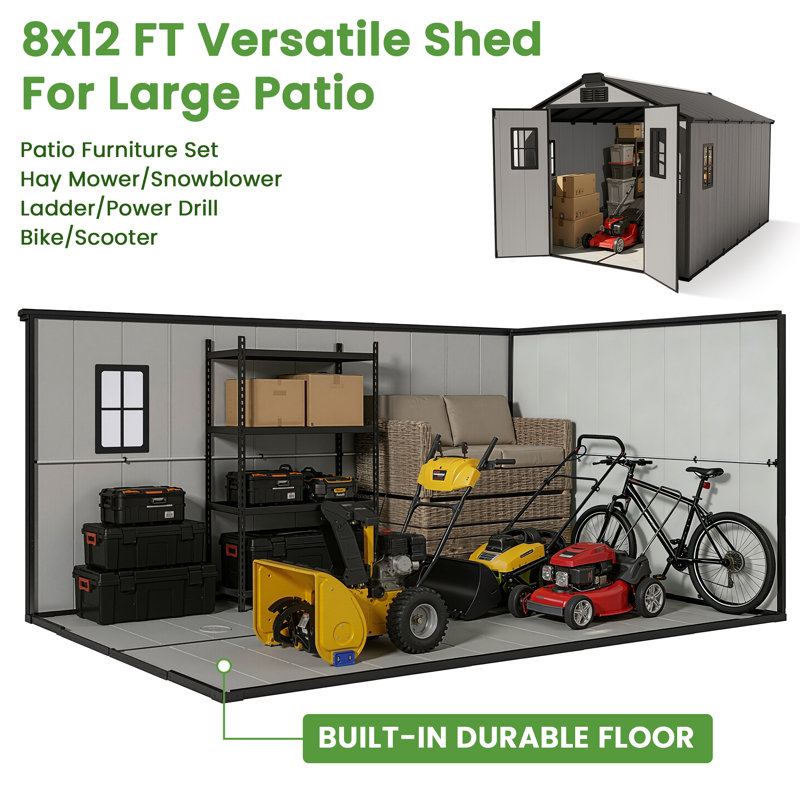 8 Ft. x 12 Ft. Outdoor Storage Shed, Resin Storage Shed with Windows, 87.79" H x 139.75" W x 92.51" D