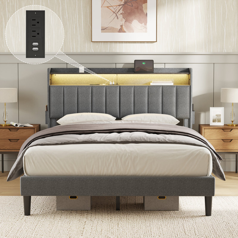 Neavins Bed Frame with Storage Headboard & LED Light, Upholstered Bed Frame with Charging Station, Queen