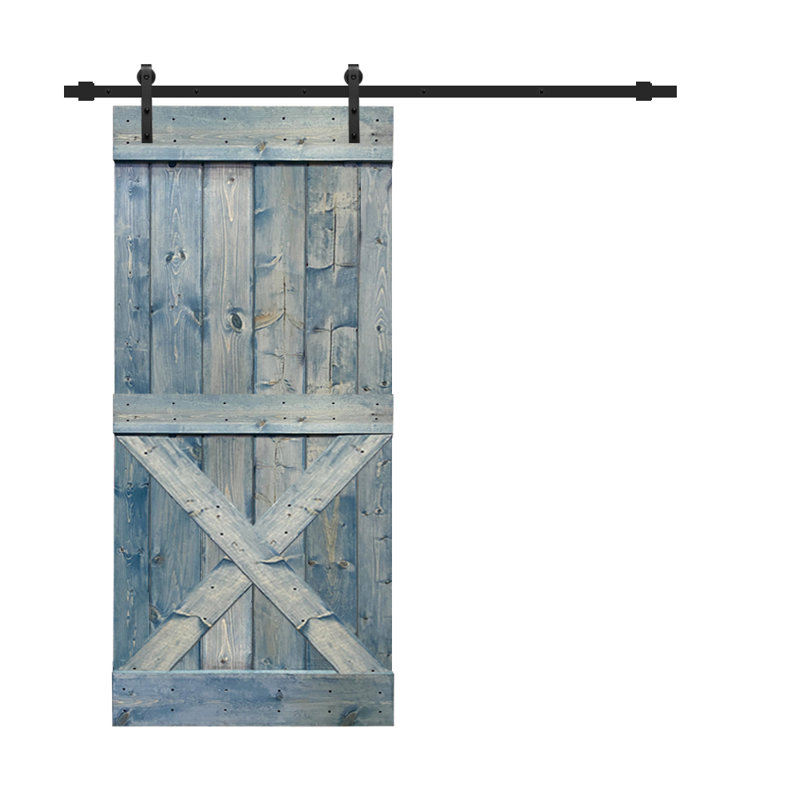 Porte de grange teintée en bois et métal avec ensemble de quincaillerie d’installation, Bleu denim