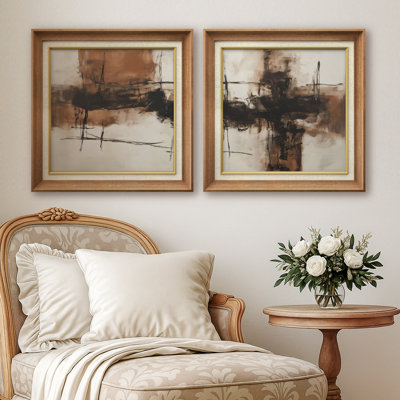 Warm Brown Neutral Abstract Shape Wall Decor Framed Master Bedroom Wall Art Work 2 Pieces Print
