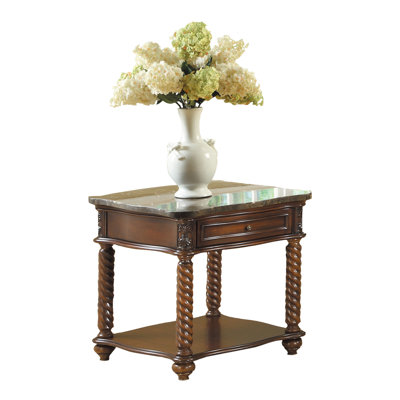 Traditional Formal Marble Top End Table With Drawer Lower Shelf Spiral Turned Legs Wooden 1Pc Living Room Furniture Side Table