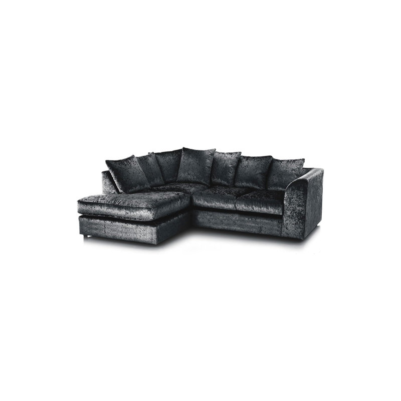 Luxury Crushed Velvet 4 Seater Corner Sofa With Footstool, Right Hand Facing, Black