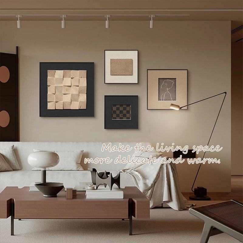 Ensemble d'art mural Mid-Century moderne Wabi-Sabi, toile encadrée 4 pièces et décoration murale texturée en bois, ton neutre terre pour le salon