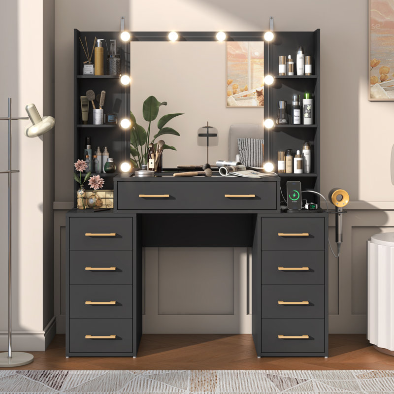 Bureau de coiffeuse en verre trempé avec lumières DEL et station de charge, Noir