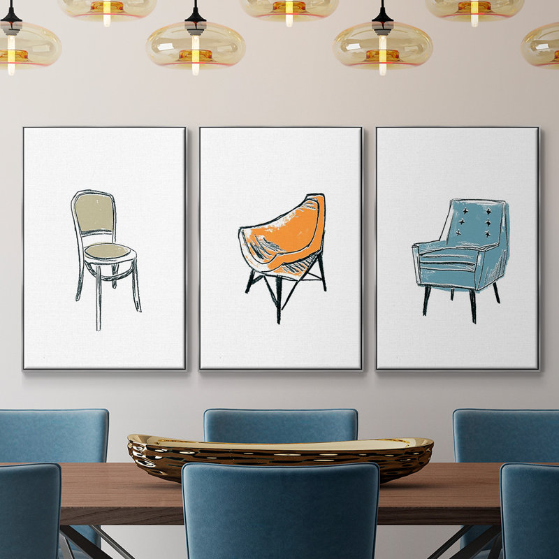 «Take A Seat X», reproduction sur toile 3 pièces, H 48 po x l 96 po x P 2 po, Encadrement argenté
