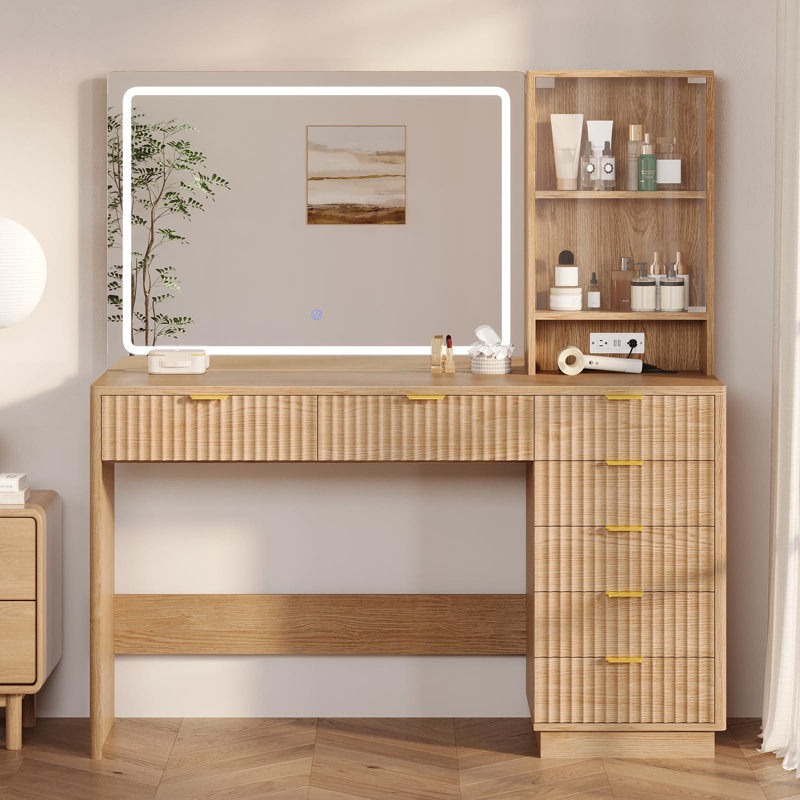 Meuble-lavabo cannelé avec grand miroir et lumières, Chêne