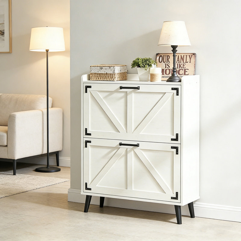 Farmhouse Hidden Shoe Cabinet With 2 Flip-Drawers, White
