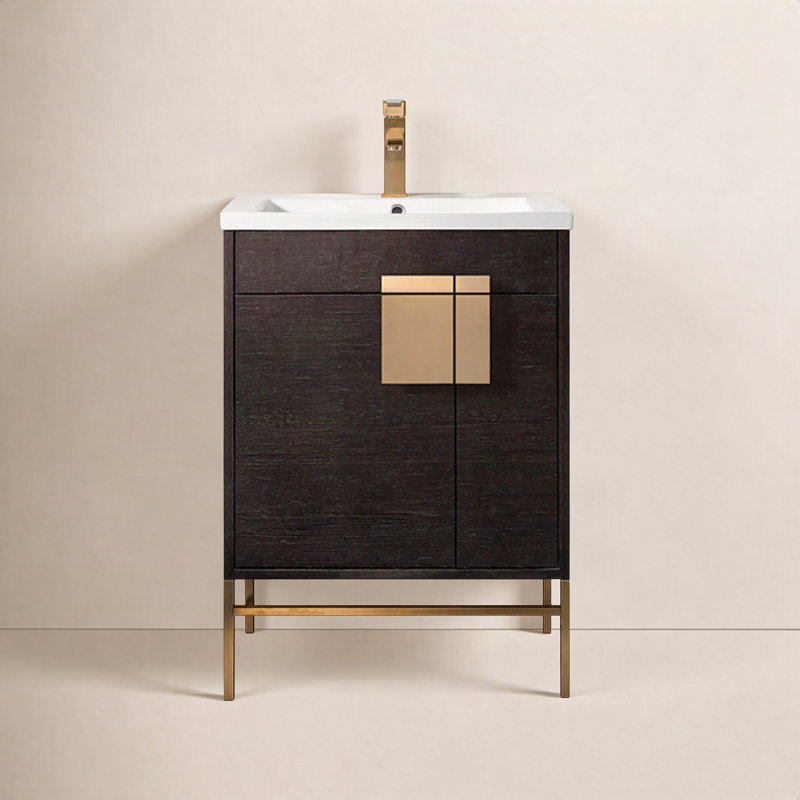 Maisie 24 " W Freestanding Standard Single Vanity Bathroom Vanity With Solid Wood Top, Black Oak Straight Grain, Satin Brass