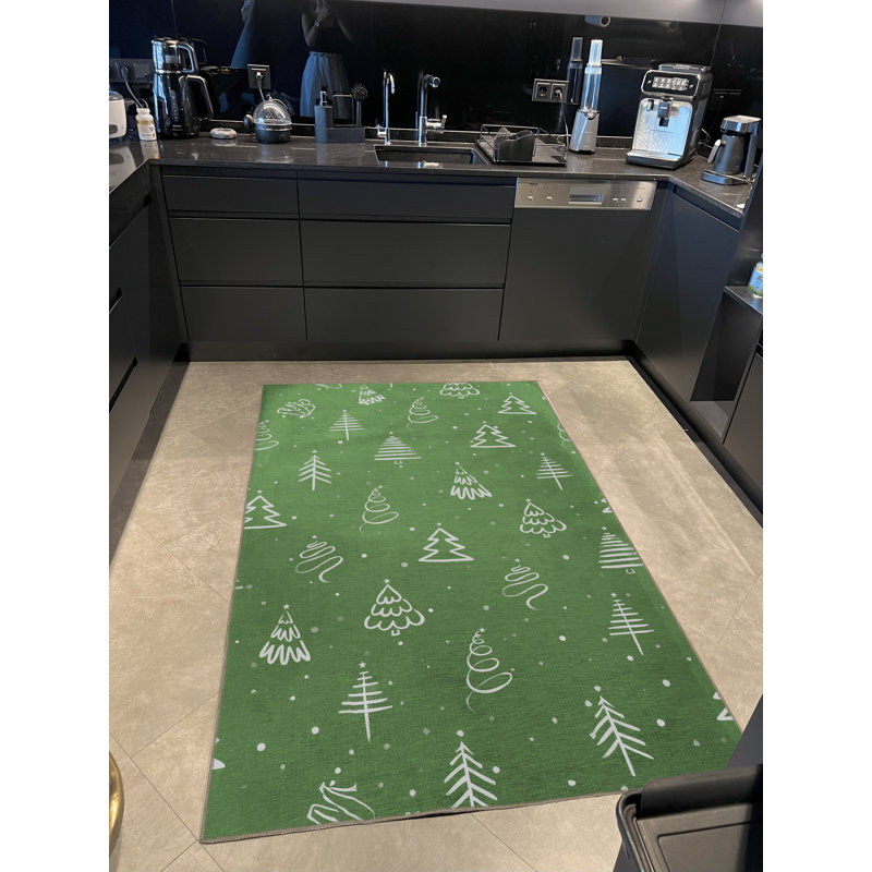 Green Christmas-Themed Mixed Tree and Ornament Patterned Creative Modern Decorative Rug, Runner 3'3.37" x 9'10.11"